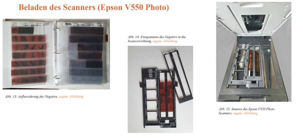 Bild links: Aufbewahrung von Negative, Bild Mitte: Einspannen des Negativs in die Scanvorrichtung, Bild links: Innern des Epson V550 Photo Scanners
