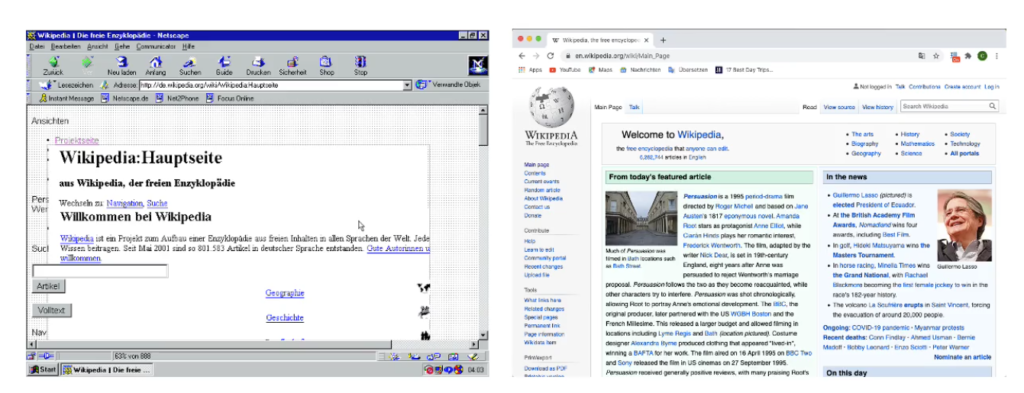 Screenshots von der Wikipedia Homepage im Vergleich von früher und heute. 